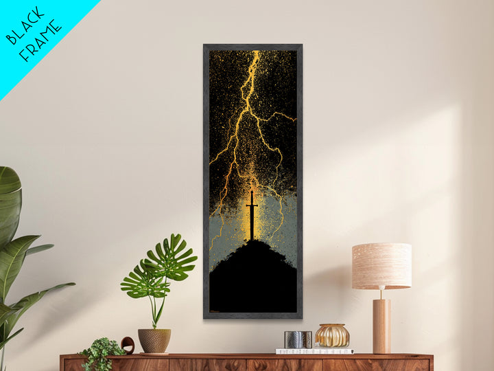 Mythic Norse Sword Metallic Gold Art – Viking-inspired Metal Art, perfect Man Cave Art or Office Gift, framed in natural wood