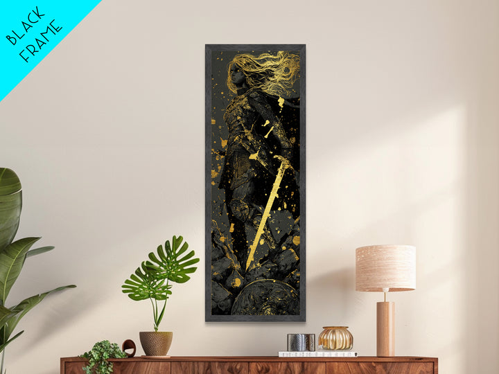 Nordic Shieldmaiden Hervor Metallic Gold Art – Epic Viking Metal Art, Man Cave wall décor in real wood frame, Dad Gift