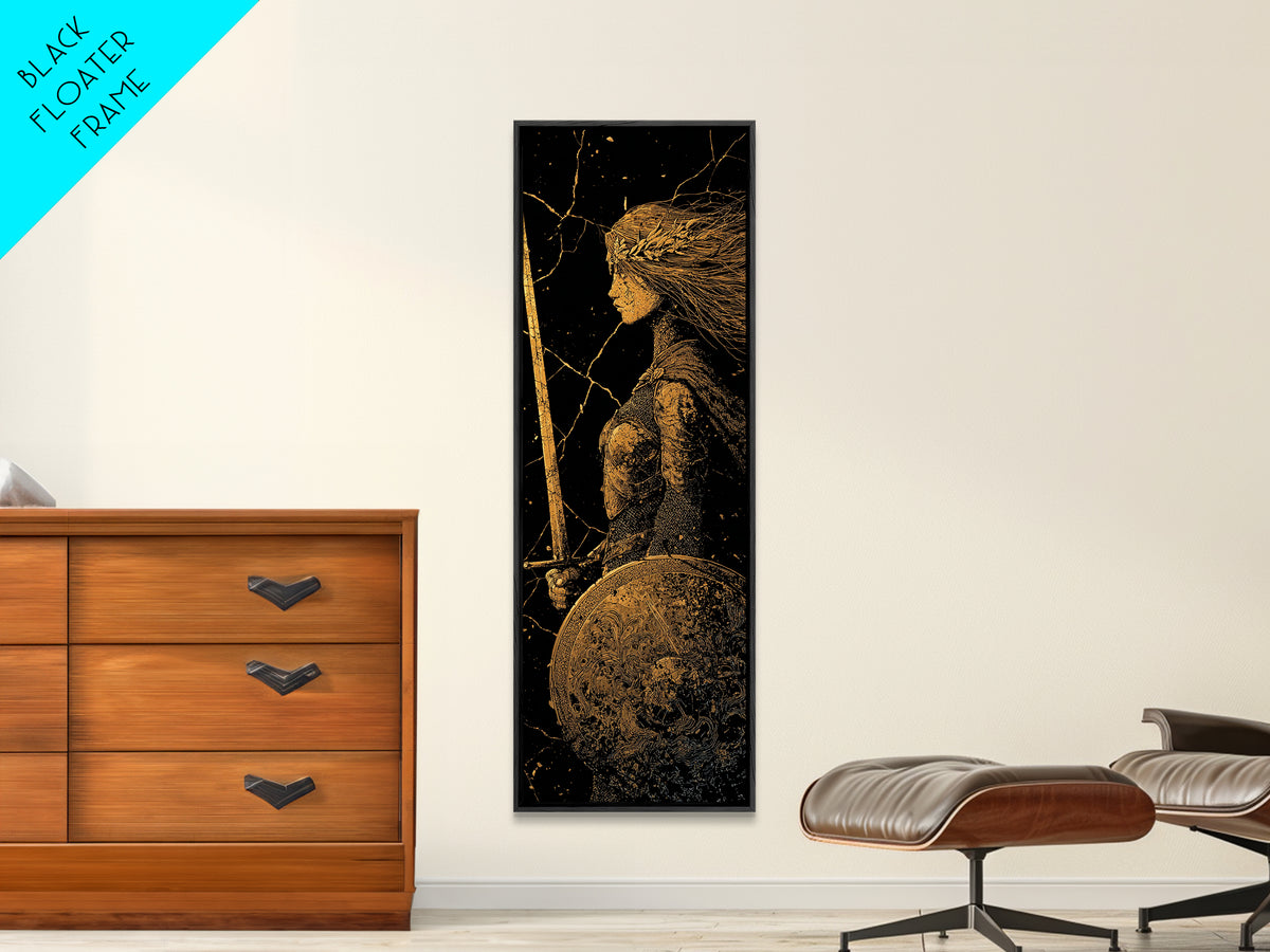 Hervor the Shieldmaiden Canvas Gold Art – Powerful Norse Warrior Canvas Art for Man Cave or Office, framed with real wood