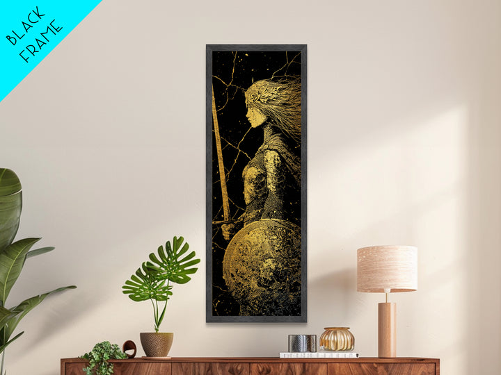 Hervor the Shieldmaiden Metallic Gold Art – Powerful Norse Warrior Metal Art for Man Cave or Office, framed with real wood