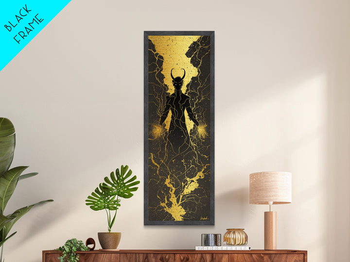 Loki Trickster God Metallic Gold Art – Dark Norse Mythology Metal Art, Viking wall décor for men, framed in solid real wood
