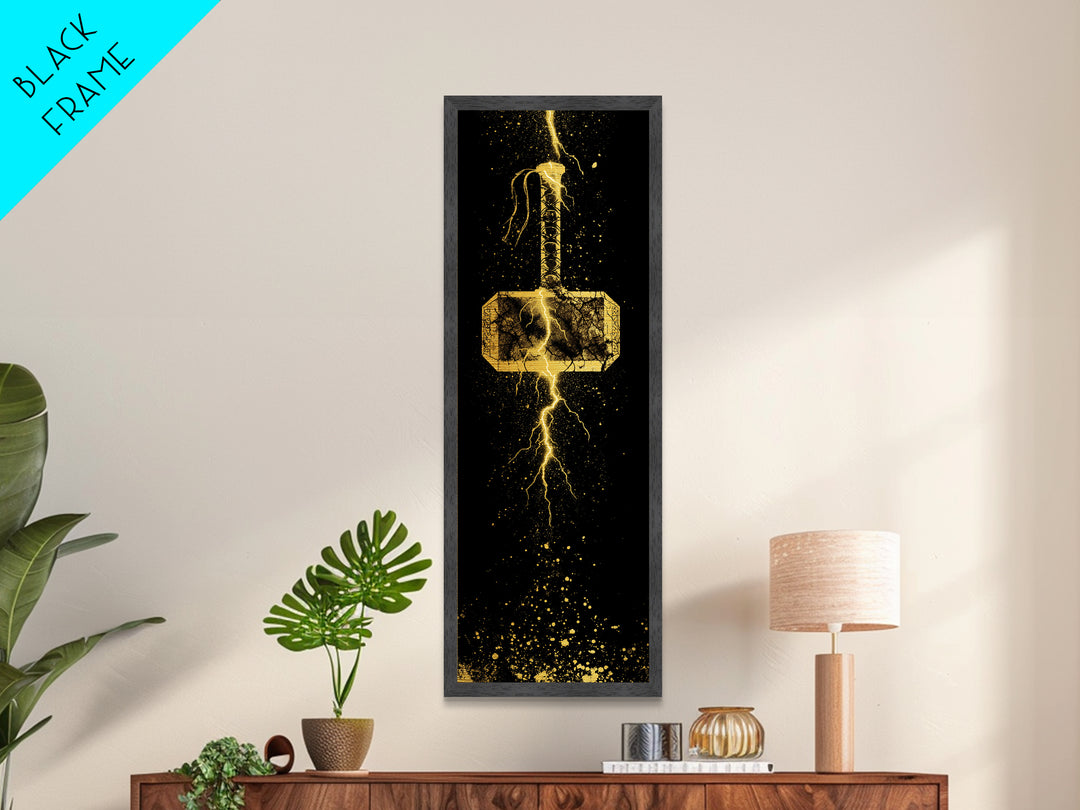 Thor’s Hammer Mjolnir Metallic Gold Art, Viking Metal Art Norse Mythology Wall Decor, Office or Man Cave Artwork in Real Wood Frame