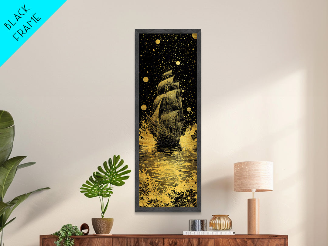 Naglfar Ship Norse Mythology Wall Decor, Metallic Gold Art Viking Metal Art, Unique Dad Gift Office or Study Framed in Natural Wood