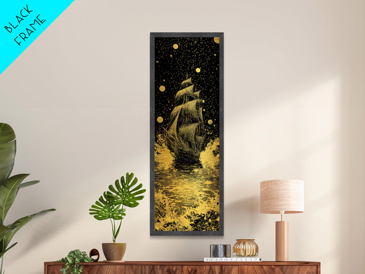 Naglfar Ship Norse Mythology Wall Decor, Metallic Gold Art Viking Metal Art, Unique Dad Gift Office or Study Framed in Natural Wood
