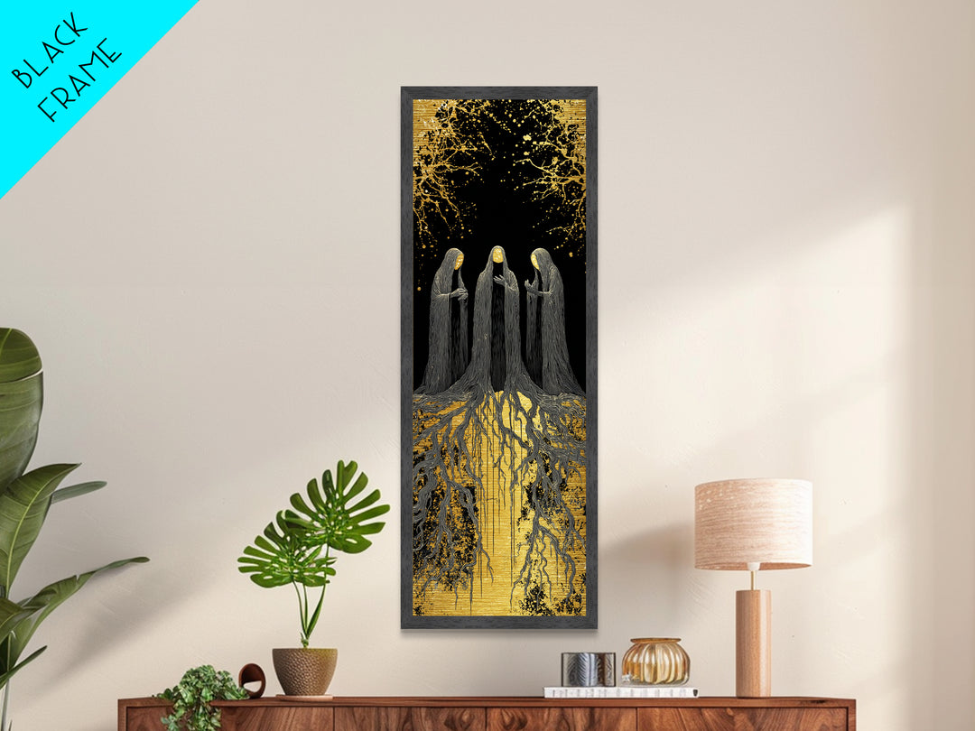 The Norns Metallic Gold Art, Viking Metal Art of Norse Fates, Nordic Mythology Wall Hanging, Spiritual Office Art with Real Wood Frame