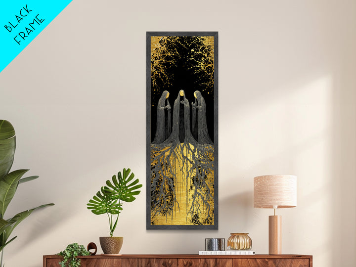 The Norns Metallic Gold Art, Viking Metal Art of Norse Fates, Nordic Mythology Wall Hanging, Spiritual Office Art with Real Wood Frame