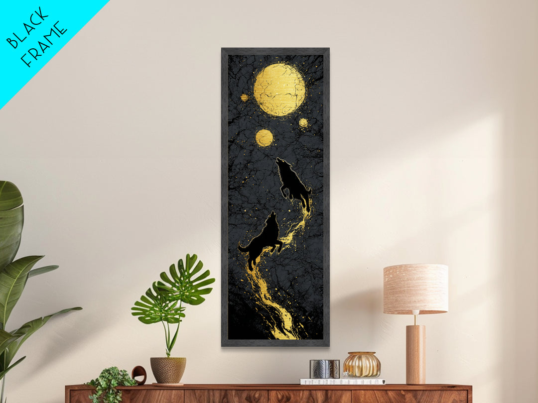 Sköll and Hati Wolves Metallic Gold Art, Viking Metal Art Norse Mythology Wall Decor, Nordic Moon Wolves Office or Man Cave in Wood Frame