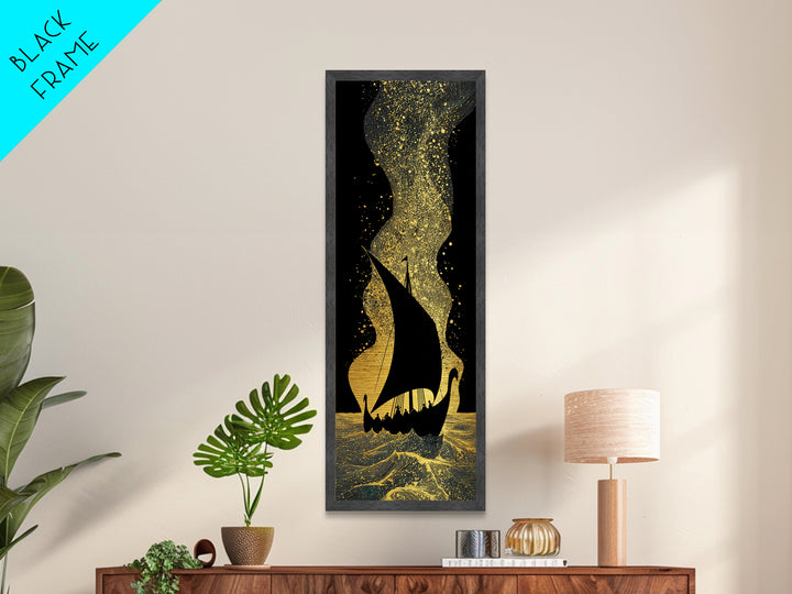 Nordic Viking Ship Metallic Gold Art, Mythology Inspired Metal Art for Office or Man Cave, framed in authentic wood craftsmanship