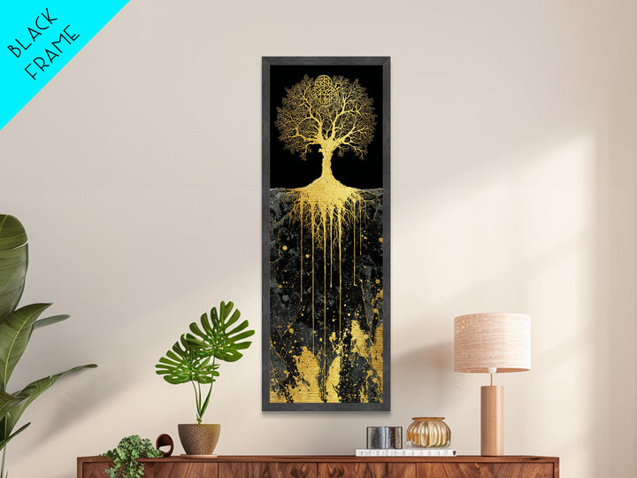 Metal Art Yggdrasil Nordic Tree of Life, Metallic Gold Art framed with real wood, Norse Mythology inspired office or dad gift wall art