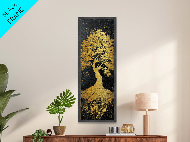 Yggdrasil Metallic Gold Art Norse World Tree, Nordic Mythology Metal Art framed in natural wood, perfect Viking man cave wall decor
