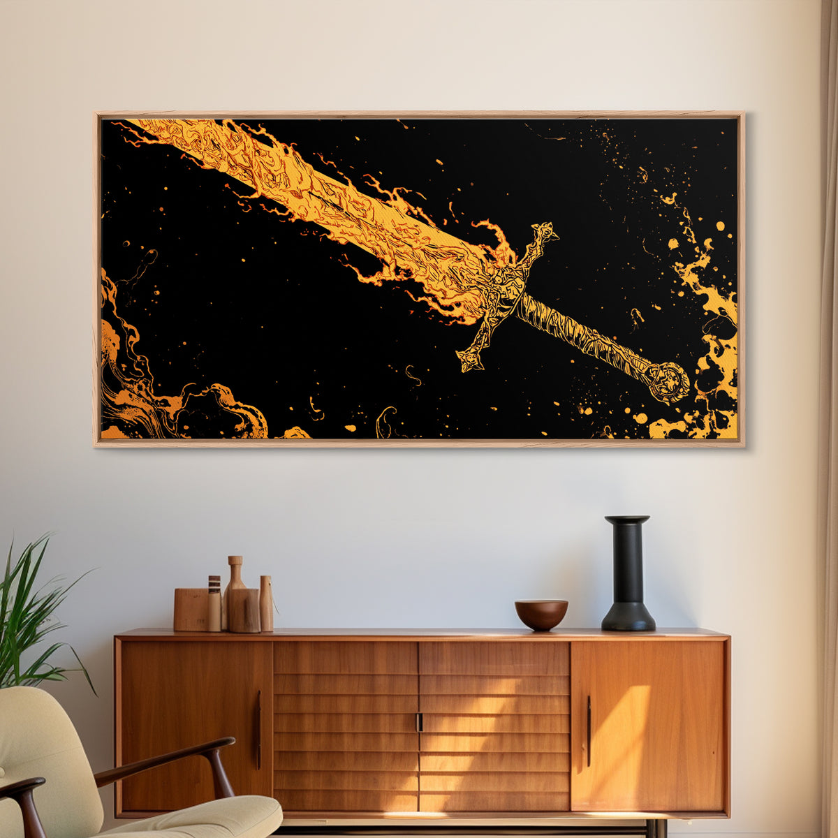Surtur’s Flaming Sword Canvas Gold Art Canvas Art Viking Wall Decor, Norse Mythology Office Gift with Real Wood Frame