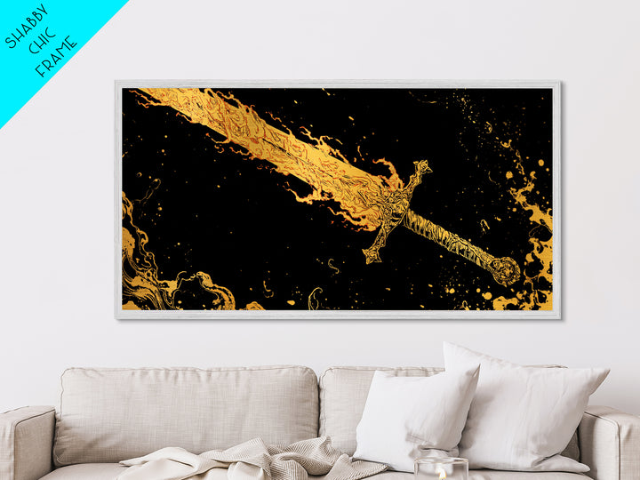 Surtur’s Flaming Sword Metallic Gold Art Metal Art Viking Wall Decor, Norse Mythology Office Gift with Real Wood Frame