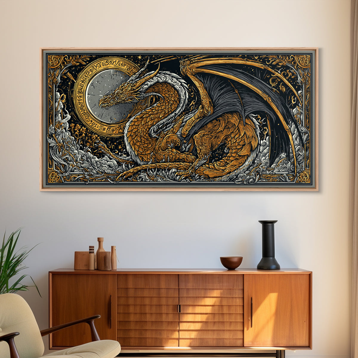 Nidhogg Dragon Canvas Gold Art Canvas Art Norse Mythology Wall Decor with Real Wood Frame, Viking Man Cave or Office Gift
