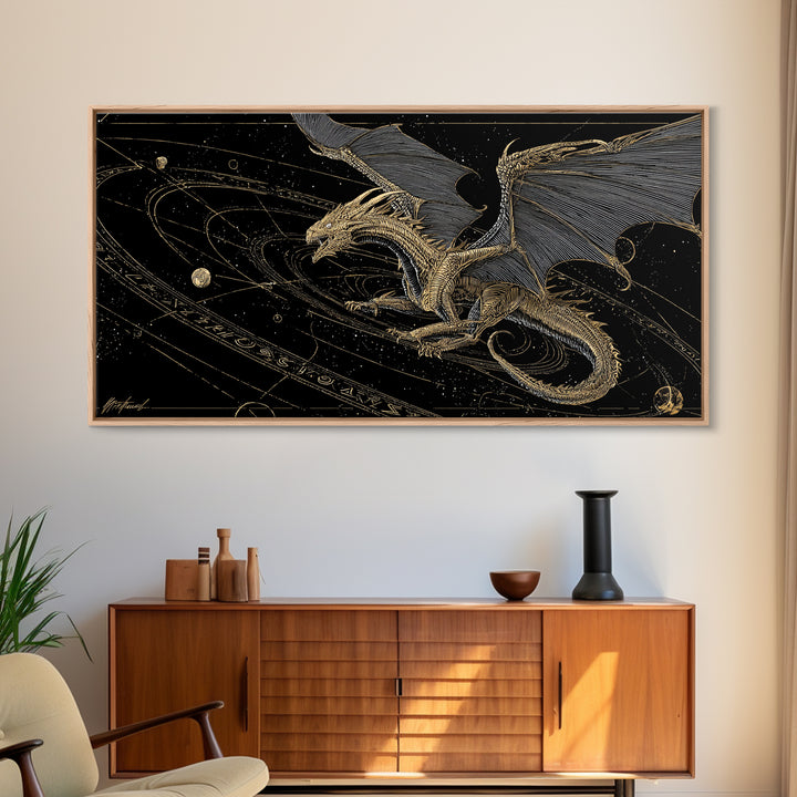 Cosmic Norse Dragon Canvas Gold Art Canvas Art Wall Decor, Nordic Mythology Gift for Office or Man Cave, Natural Wood Frame