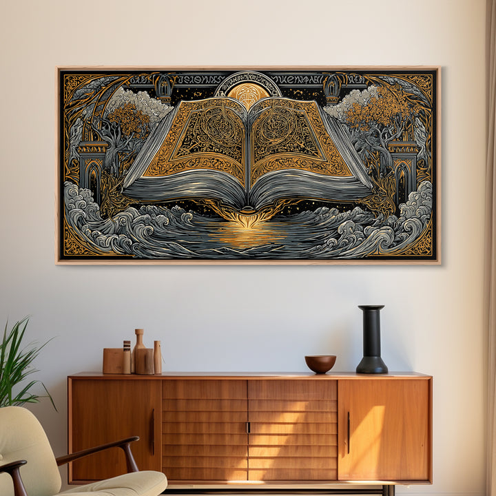 Poetic Edda Book Canvas Gold Art Canvas Art Norse Mythology Wall Decor with Real Wood Frame, Viking Office or Dad Gift Artwork