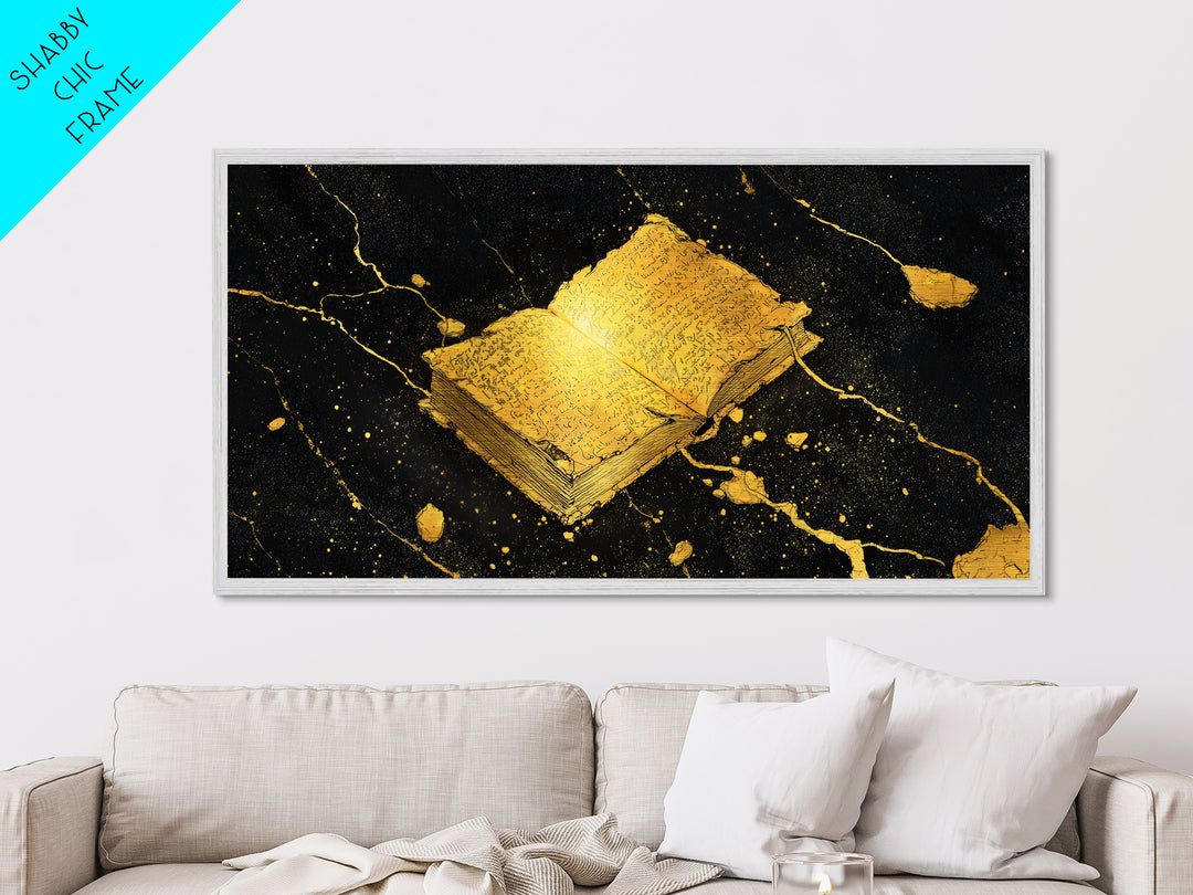 Ancient Nordic Runes Book Metallic Gold Art Metal Art with Cosmic Background, Viking Mythology Wall Decor, Real Wood Frame