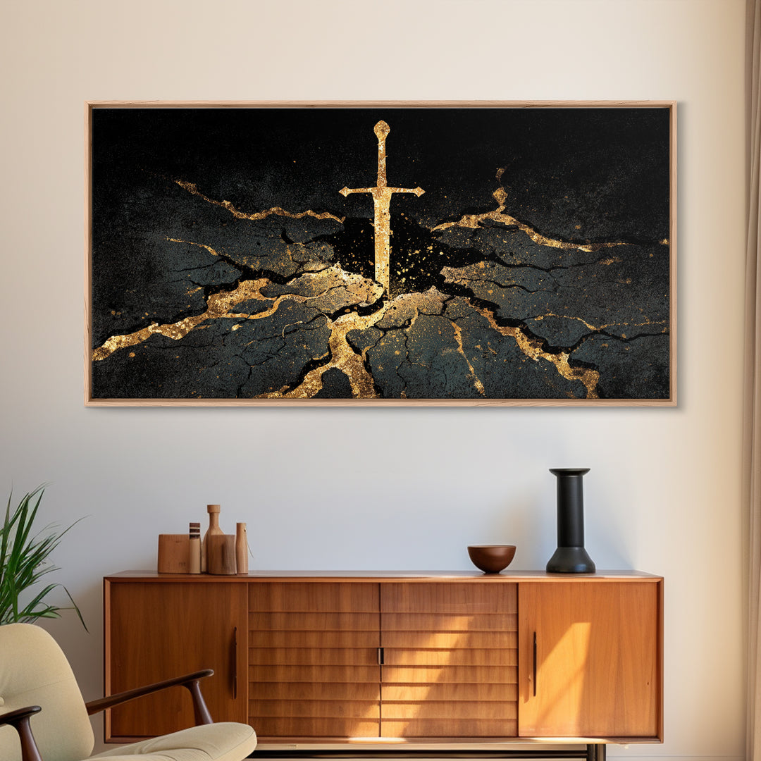 Sword of Ragnarok Canvas Gold Art, Nordic Mythology Canvas Art Wall Decor, Viking Office Art framed in natural wood for men’s spaces