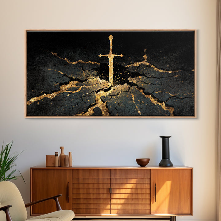 Sword of Ragnarok Canvas Gold Art, Nordic Mythology Canvas Art Wall Decor, Viking Office Art framed in natural wood for men’s spaces
