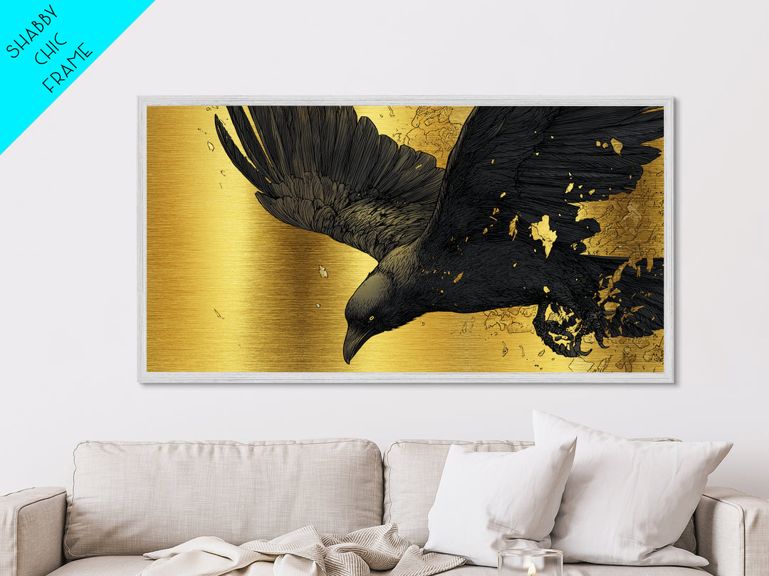 Odin’s Raven Huginn Metallic Gold Art Metal Art Norse Mythology Wall Decor with Natural Wood Frame, Man Cave or Office Gift