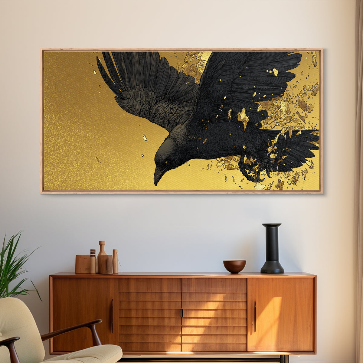 Odin’s Raven Huginn Canvas Gold Art Canvas Art Norse Mythology Wall Decor with Natural Wood Frame, Man Cave or Office Gift