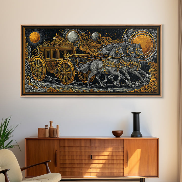 Chariot of Sol Norse Canvas Gold Art, Nordic Mythology Canvas Art Wall Hanging, Viking Decor for Office or Dad Gift, framed in wood