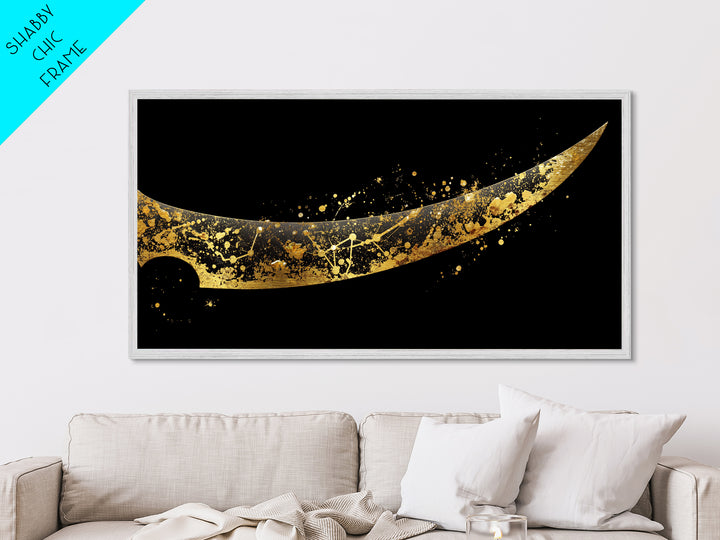 Curved Viking Blade Metallic Gold Art, Nordic Mythology Metal Art Sword Print, Man Cave Wall Decor with real wood frame, warrior gift