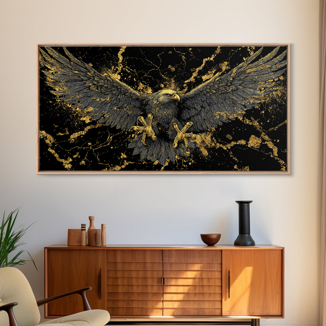 Odin’s Golden Eagle Canvas Gold Art, Norse Mythology Canvas Art Wall Decor, Viking Office Art framed in wood, bold masculine design