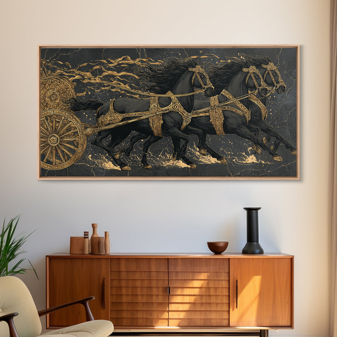 Viking War Chariot Canvas Gold Art, Nordic Mythology Canvas Art Print, Norse Decor for Office or Man Cave, framed with natural wood
