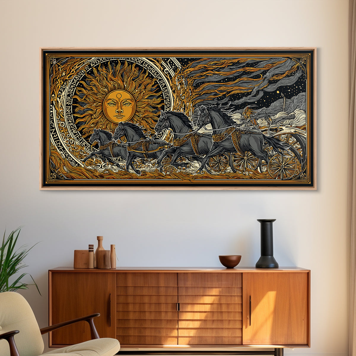 Sun Chariot of Sol Canvas Gold Art, Norse Mythology Canvas Art Wall Hanging, Viking Decor for Dad Gift, framed in authentic wood