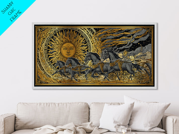 Sun Chariot of Sol Metallic Gold Art, Norse Mythology Metal Art Wall Hanging, Viking Decor for Dad Gift, framed in authentic wood