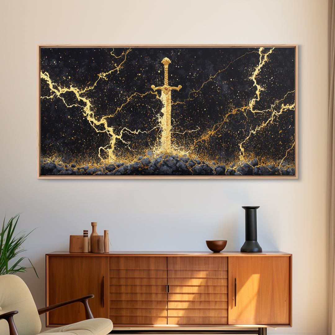 Excalibur Sword Canvas Gold Art, Norse Inspired Canvas Art Wall Decor, Mythology Office Art with wood frame, gift for men’s man cave