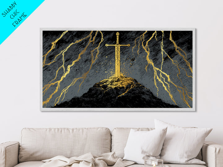 Storm Sword Metallic Gold Art, Nordic Mythology Metal Art Print, Viking Office Wall Art framed in real wood, masculine gift idea