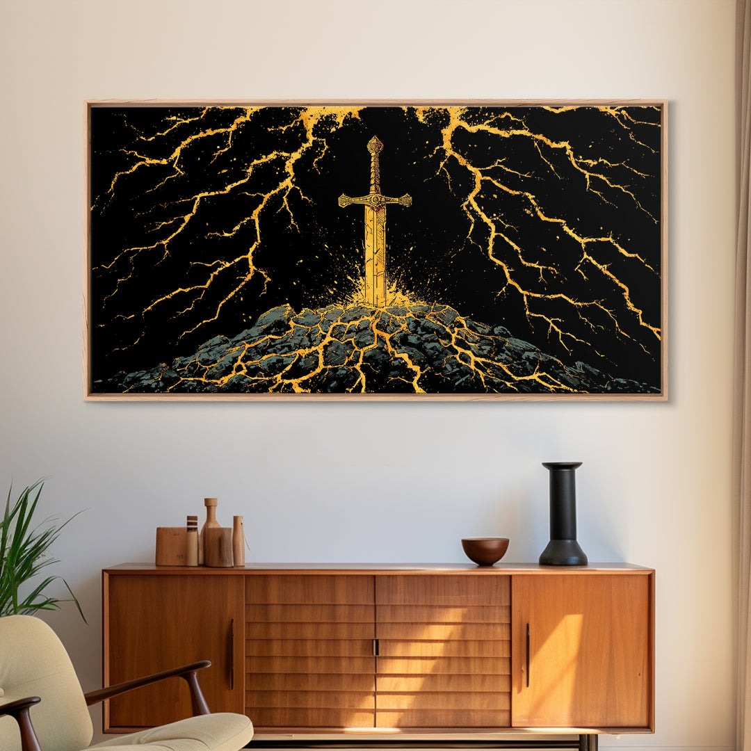 Lightning Sword Canvas Gold Art, Norse Mythology Canvas Art Wall Decor, Viking Warrior Office Art with natural wood frame, dad gift