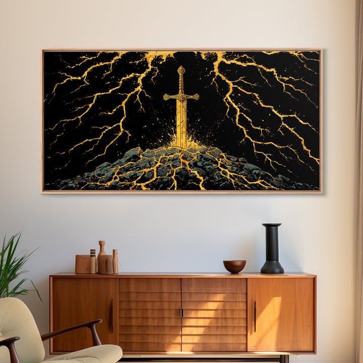 Lightning Sword Canvas Gold Art, Norse Mythology Canvas Art Wall Decor, Viking Warrior Office Art with natural wood frame, dad gift
