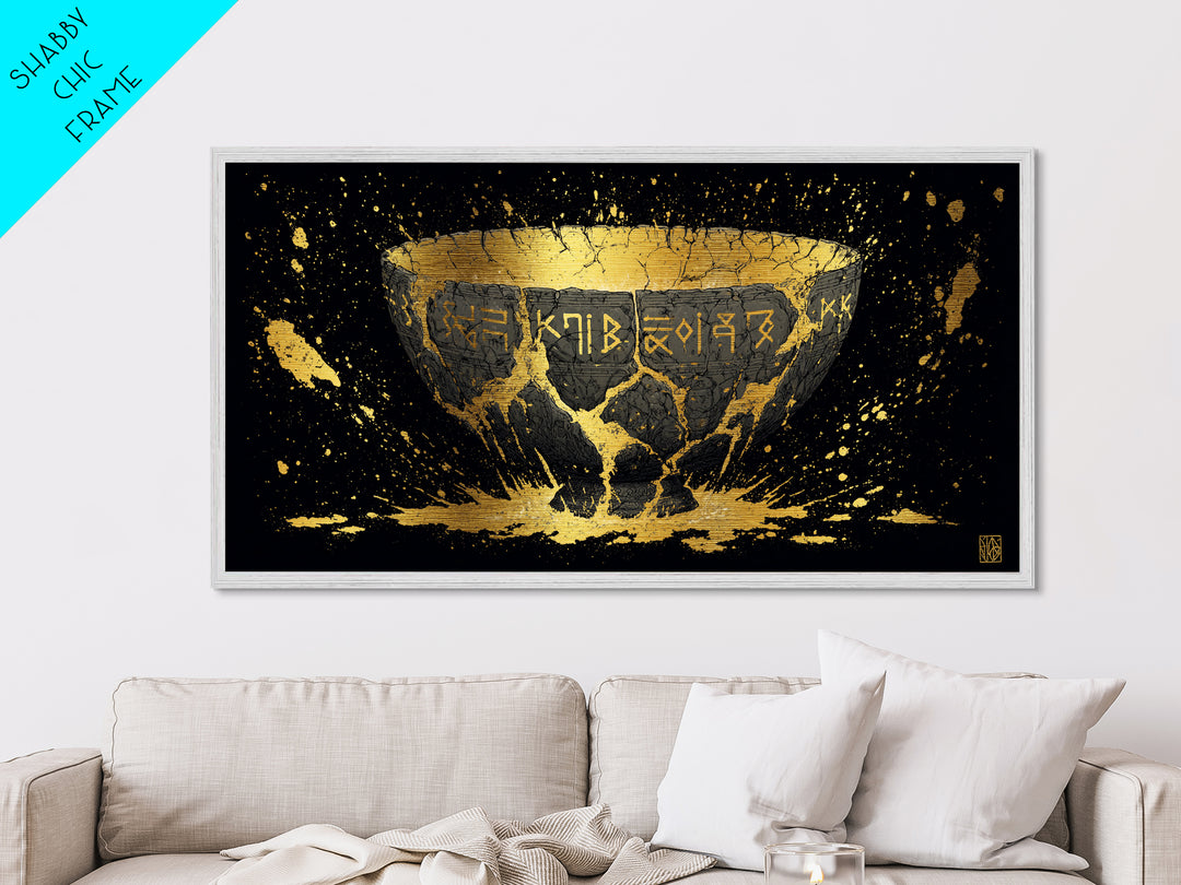 Viking Rune Bowl Metallic Gold Art, Nordic Mythology Metal Art with Real Wood Frame, Unique Office Wall Decor, Man Cave Gift