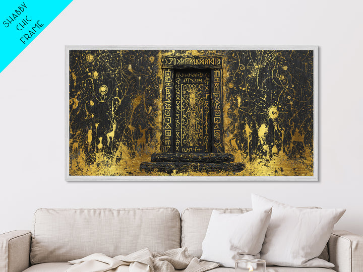 Runestone Doorway Metallic Gold Art, Nordic Mythology Inspired Metal Art, Pagan Viking Office Decor Framed in Real Wood