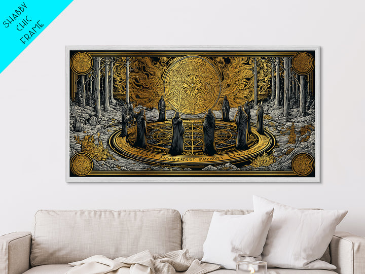 Nordic Ritual Circle Metallic Gold Art, Mythology Inspired Metal Art, Mystical Office Wall Decor with Real Wood Framing