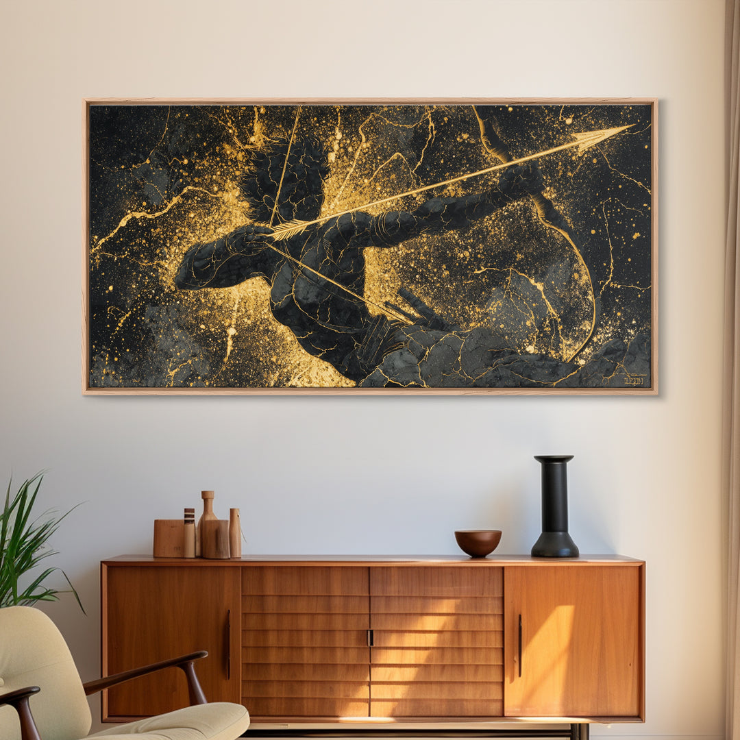 Archer Warrior Canvas Gold Art, Nordic Mythology Canvas Art for Office Wall, Unique Man Cave Decor, Real Wood Frame Gift