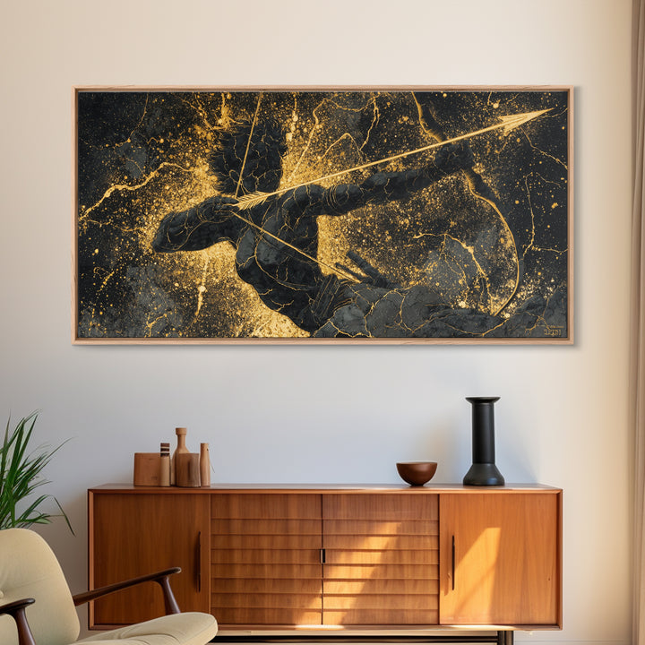 Archer Warrior Canvas Gold Art, Nordic Mythology Canvas Art for Office Wall, Unique Man Cave Decor, Real Wood Frame Gift