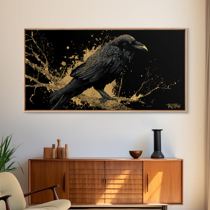 Viking Raven Canvas Gold Art Canvas Art Norse Wall Decor with Real Wood Frame, Nordic Mythology Office or Dad Gift Artwork