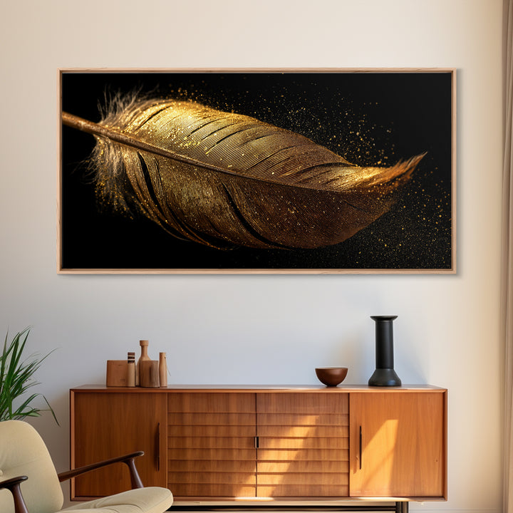 Golden Feather Canvas Gold Art, Norse Mythology Inspired Canvas Art, Viking Decor for Office or Study, Framed in Real Wood