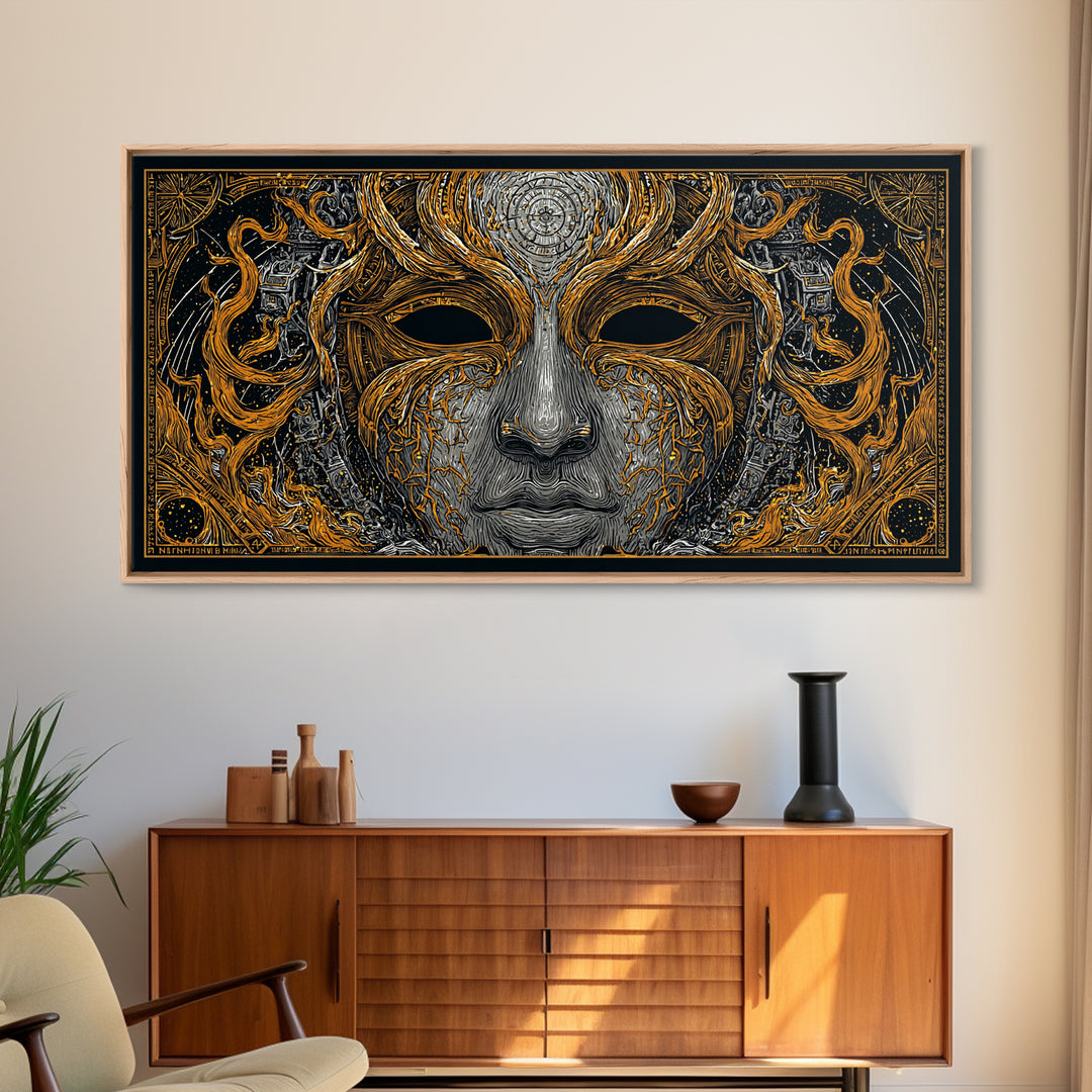 Odin’s Face Canvas Gold Art, Norse Mythology Inspired Canvas Art, Nordic Office Decor Framed in Natural Wood for Man Cave