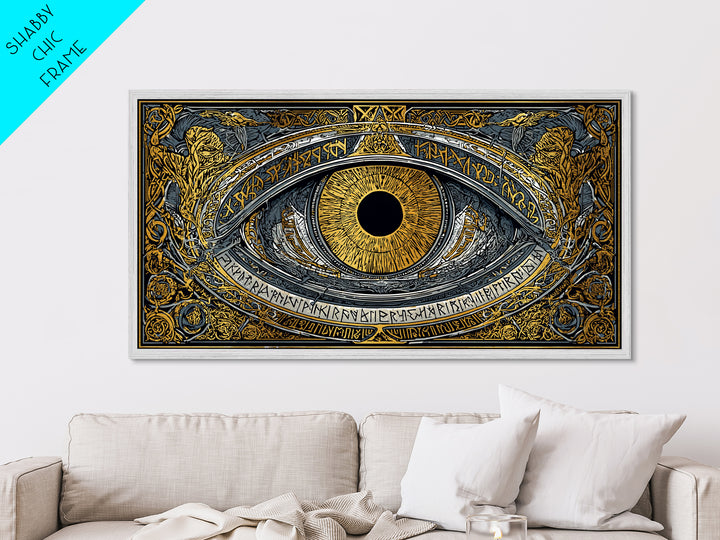 Odin’s Eye Metallic Gold Art Nordic Metal Art Norse Mythology Wall Decor framed in natural wood, Man Cave Gift, Office Art