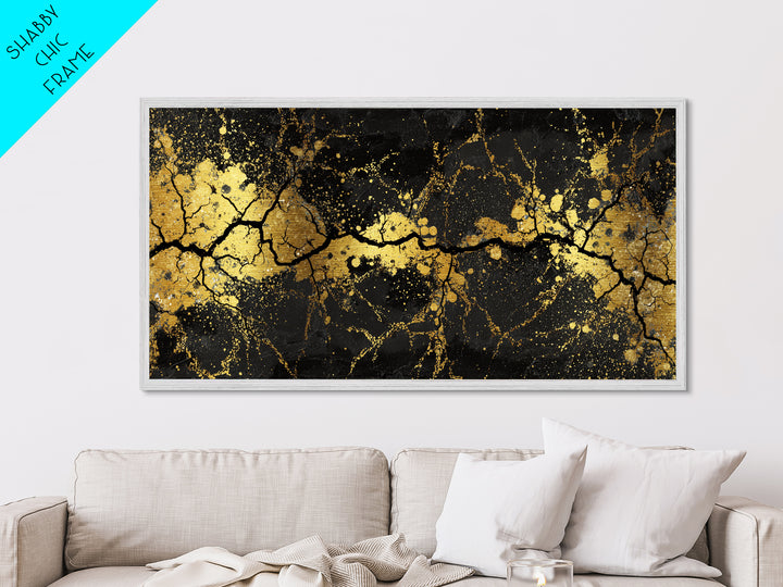 Cracked Stone Metallic Gold Art Nordic Metal Art Norse Abstract Wall Decor in real wood frame, Man Cave Gift, Office Accent