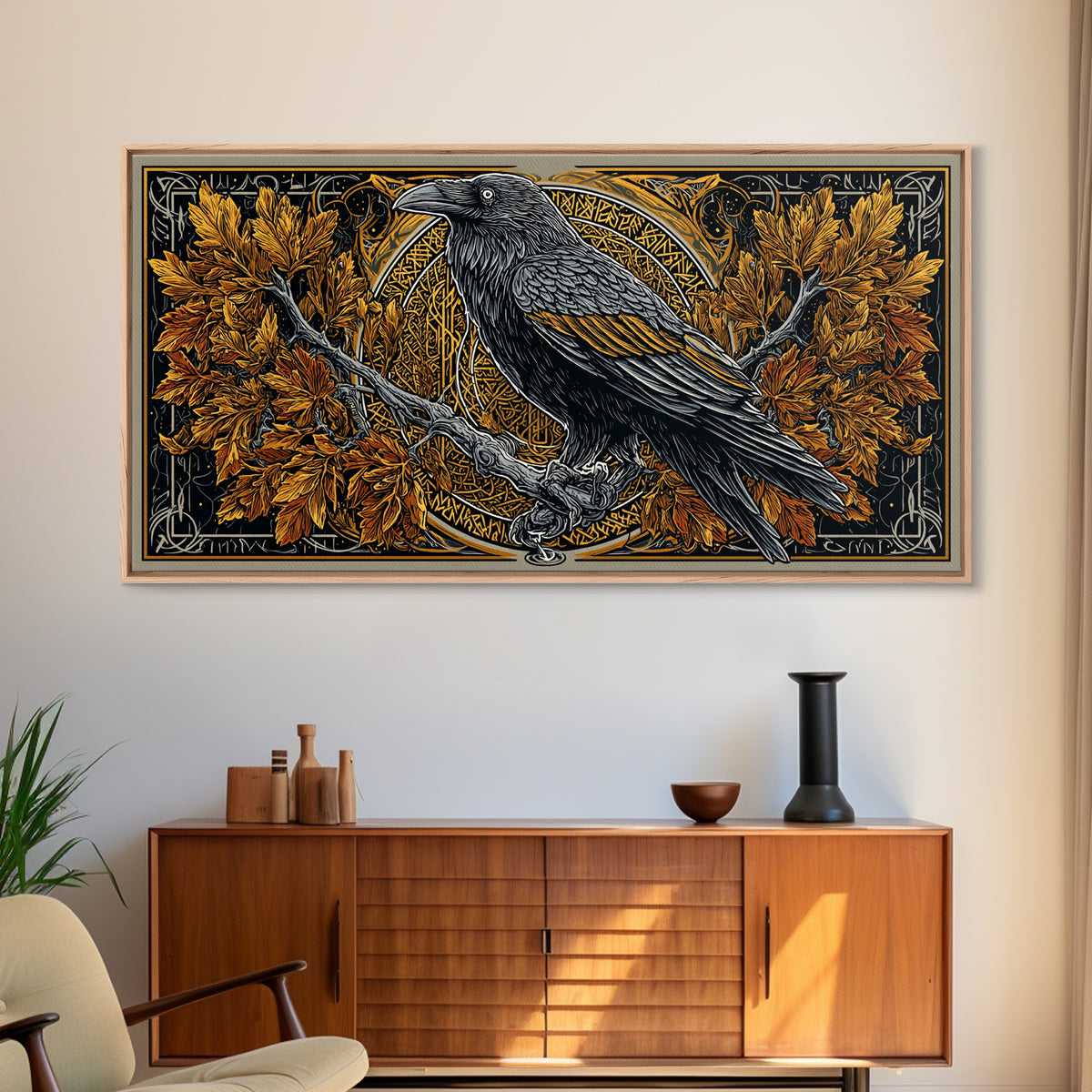Norse Raven Perched Canvas Gold Art Canvas Art with Runes and Autumn Leaves, Framed in Real Wood, Viking Office or Man Cave