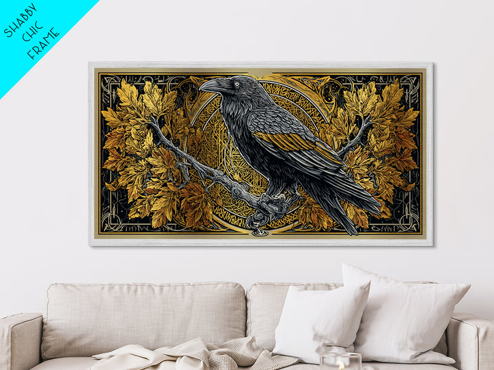 Norse Raven Perched Metallic Gold Art Metal Art with Runes and Autumn Leaves, Framed in Real Wood, Viking Office or Man Cave