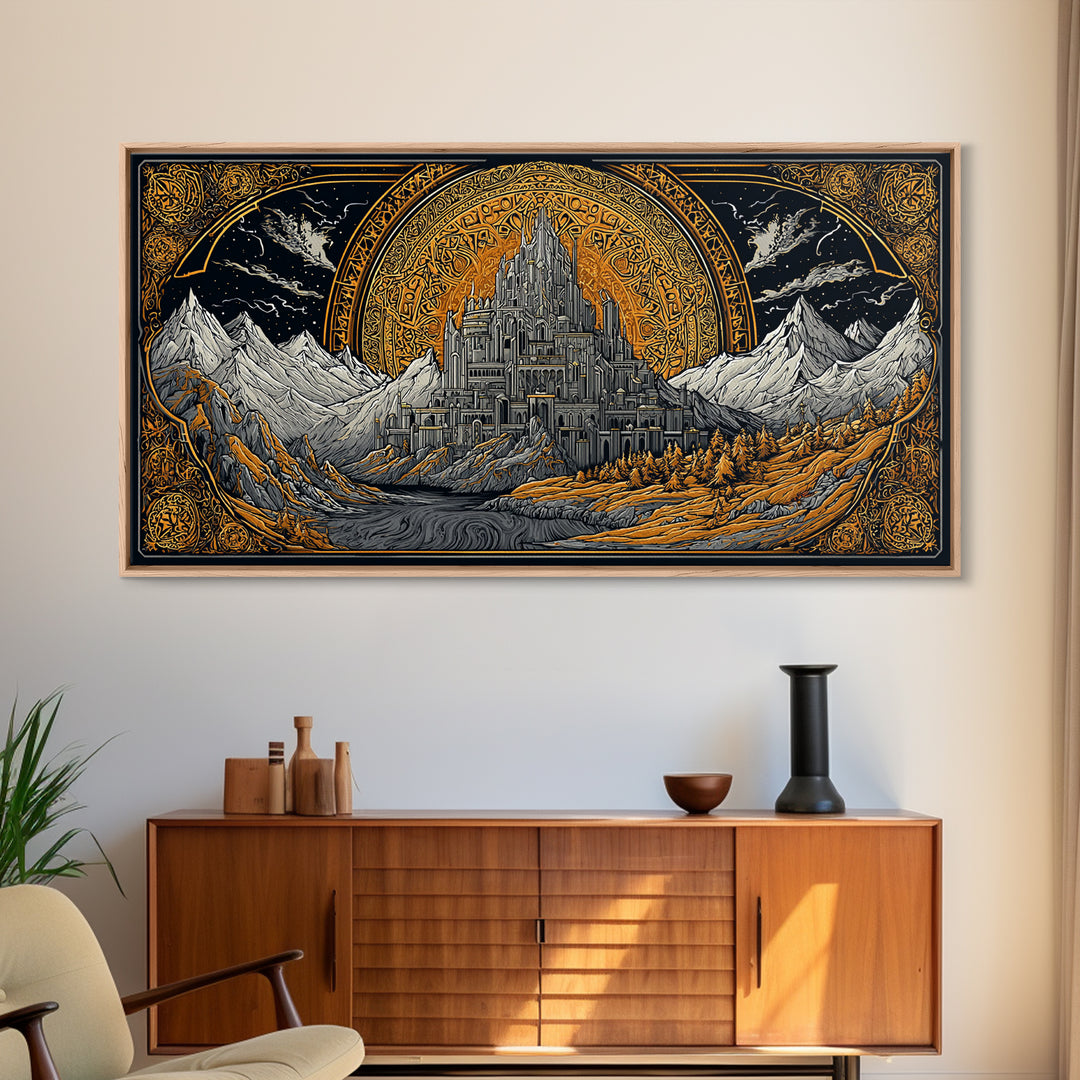 Asgard Fortress Canvas Gold Art Norse Mythology Canvas Art Nordic Wall Hanging framed in natural wood, Viking Decor Office