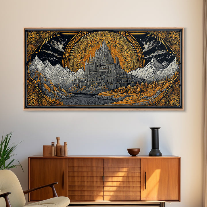 Asgard Fortress Canvas Gold Art Norse Mythology Canvas Art Nordic Wall Hanging framed in natural wood, Viking Decor Office