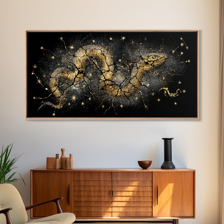 Jormungandr Serpent Canvas Gold Art Norse Mythology Canvas Art Wall Decor framed in real wood, Man Cave Viking Gift for Him