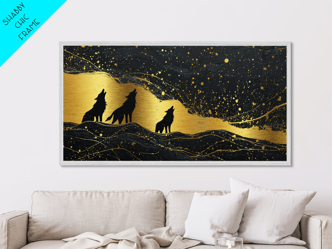 Howling Wolves Metallic Gold Art Norse Metal Art Nordic Mythology Wall Decor with real wood frame, Man Cave Accent, Office Art